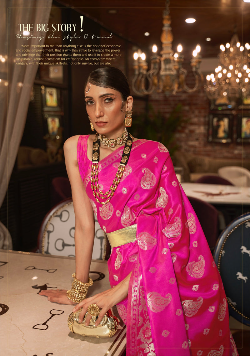 Stunning Pink Pure Satin Handloom Saree