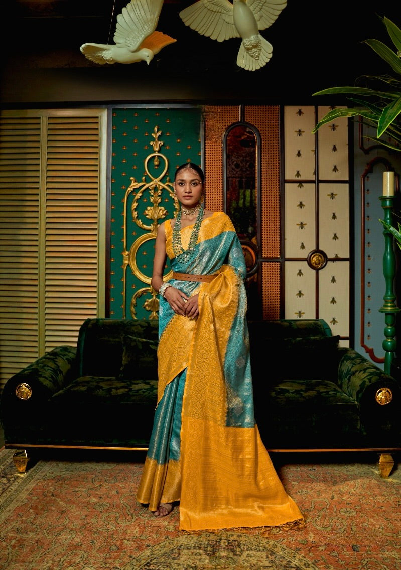 Teal colour Handloom Weaving Silk Saree