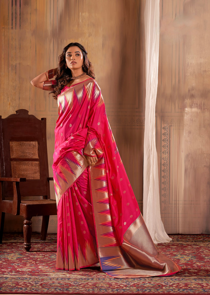 Nice Pink Zari Work Woven Silk Saree