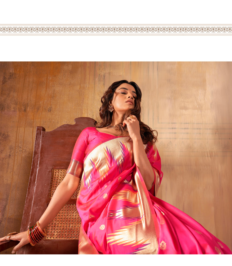 Nice Pink Zari Work Woven Silk Saree