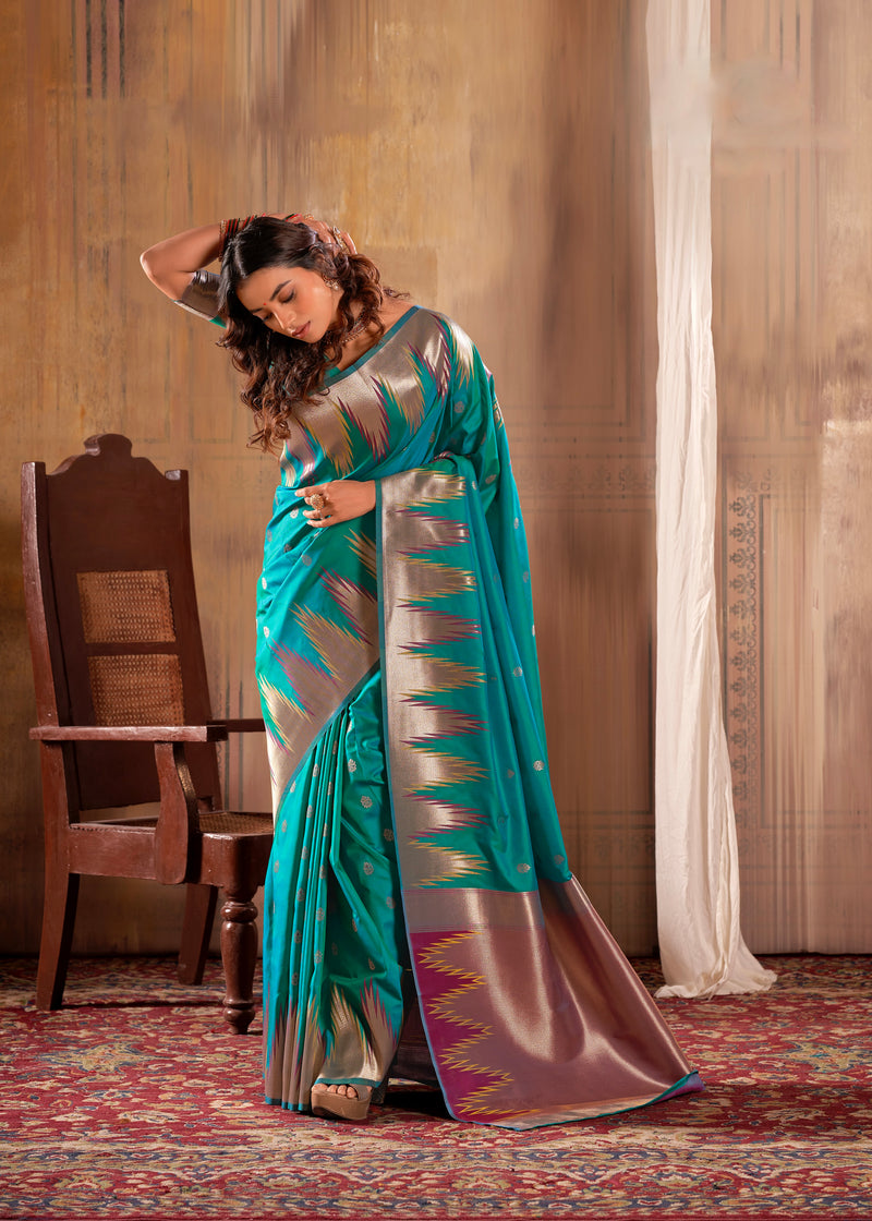 Turquoise Colour Zari Work Woven Silk Saree