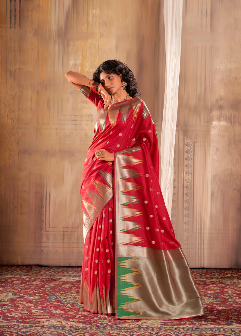 Pretty Red Zari Work Woven Silk Saree