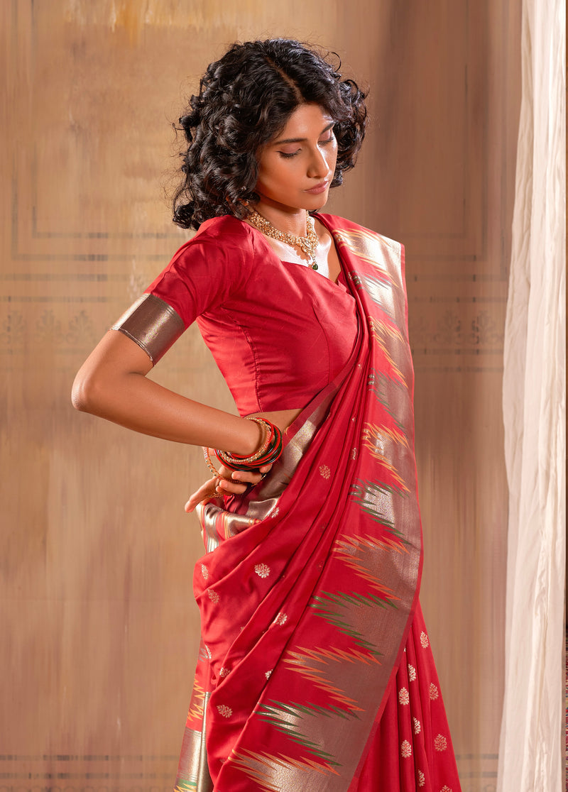 Pretty Red Zari Work Woven Silk Saree