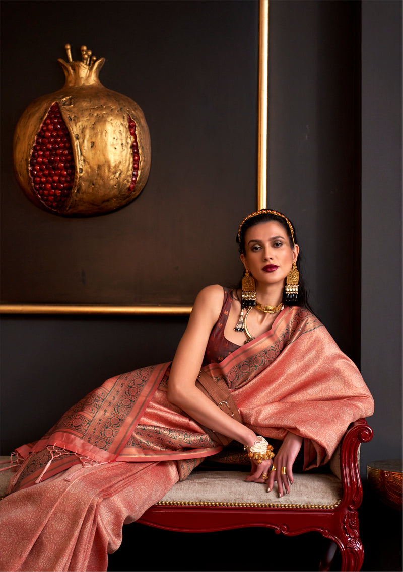 Ethnic Peach Colour Handloom Silk Saree