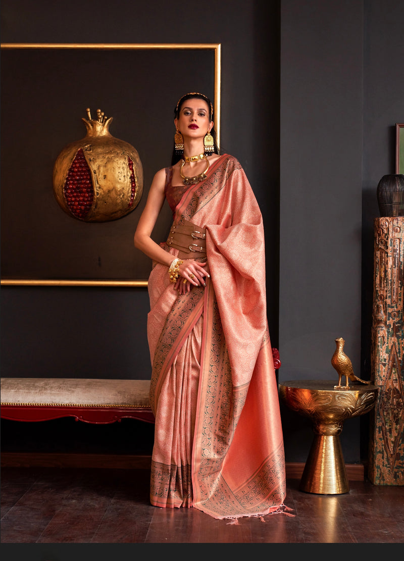 Ethnic Peach Colour Handloom Silk Saree