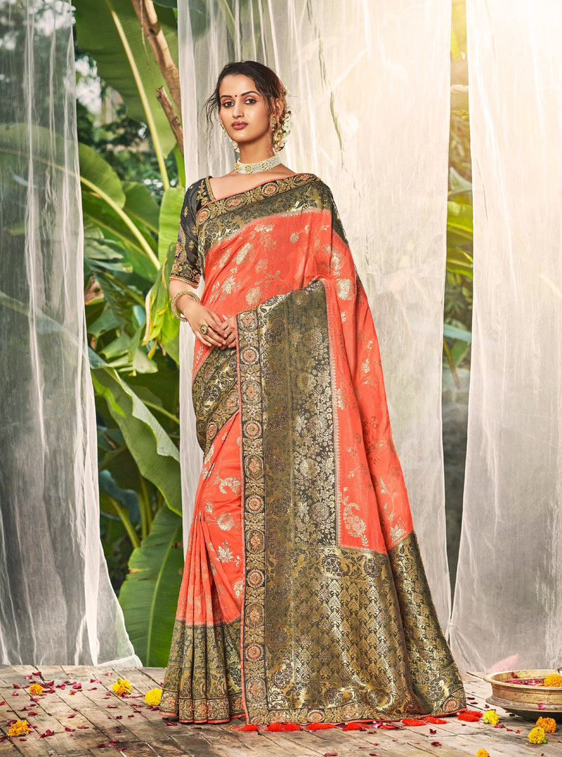 Coral Colour Silk Embroidered Saree