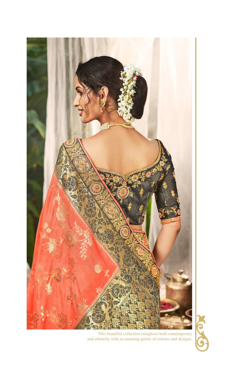 Coral Colour Silk Embroidered Saree