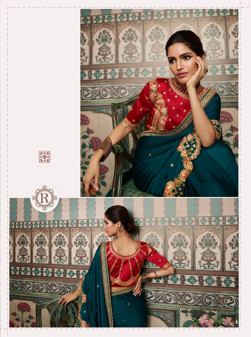 Embroidered Scalloped Saree in Teal