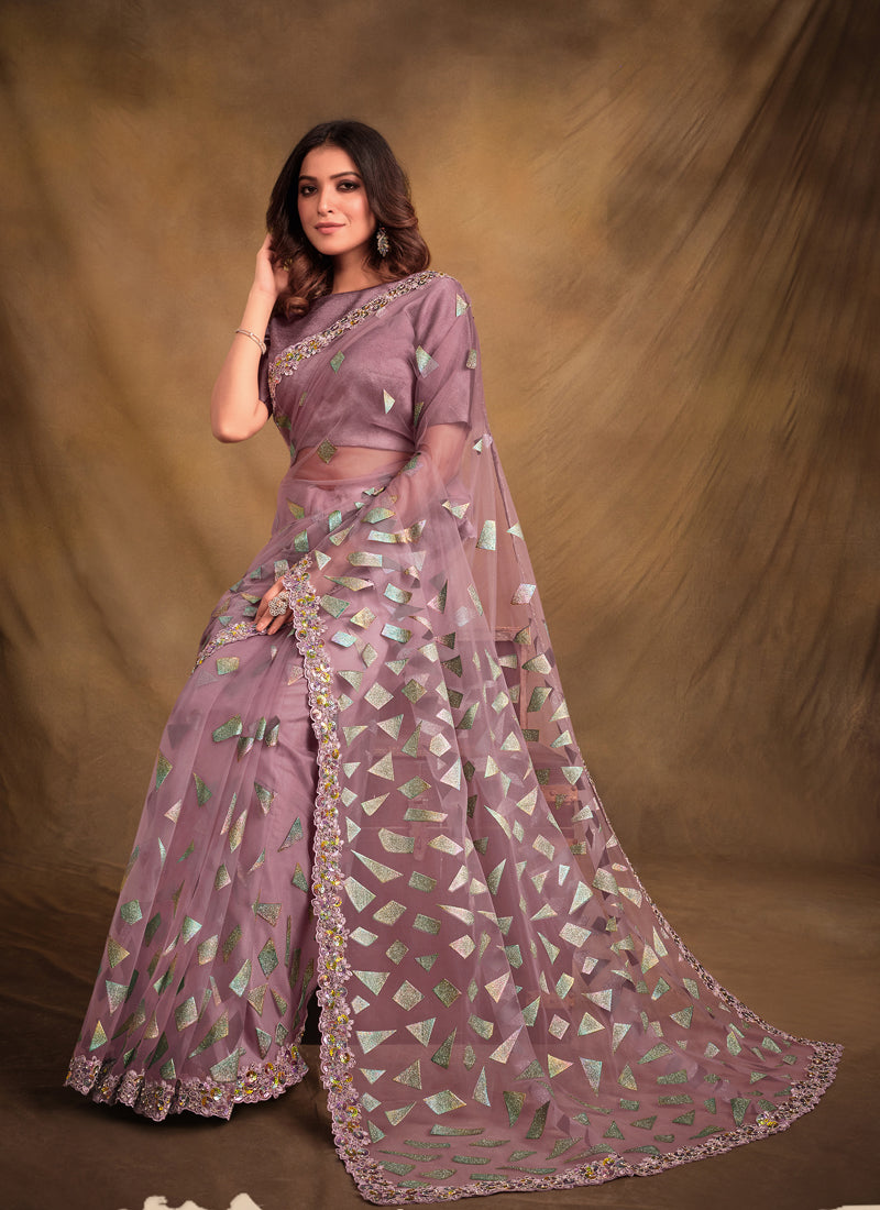 Purple Net Designer Saree With Floral Border