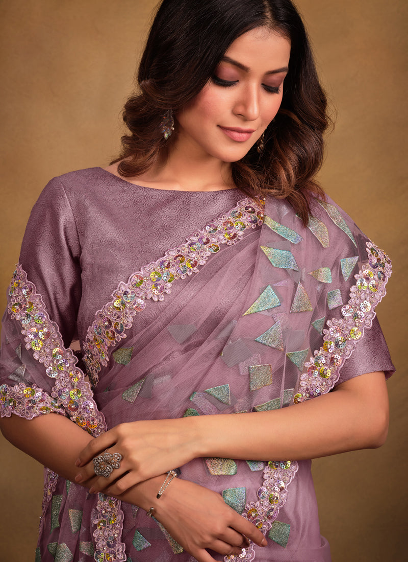 Purple Net Designer Saree With Floral Border