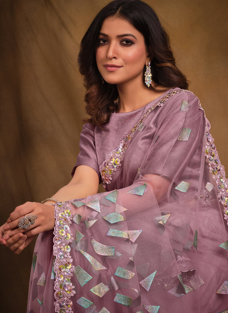 Purple Net Designer Saree With Floral Border