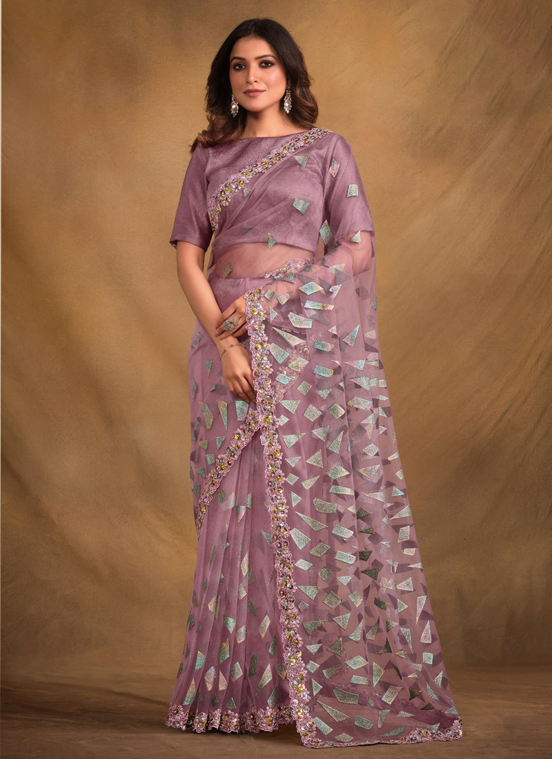Purple Net Designer Saree With Floral Border