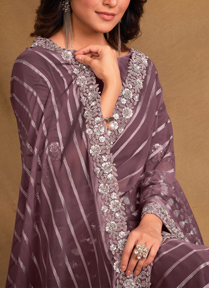 Purple Stripe Pattern Georgette Kasab Designer Saree