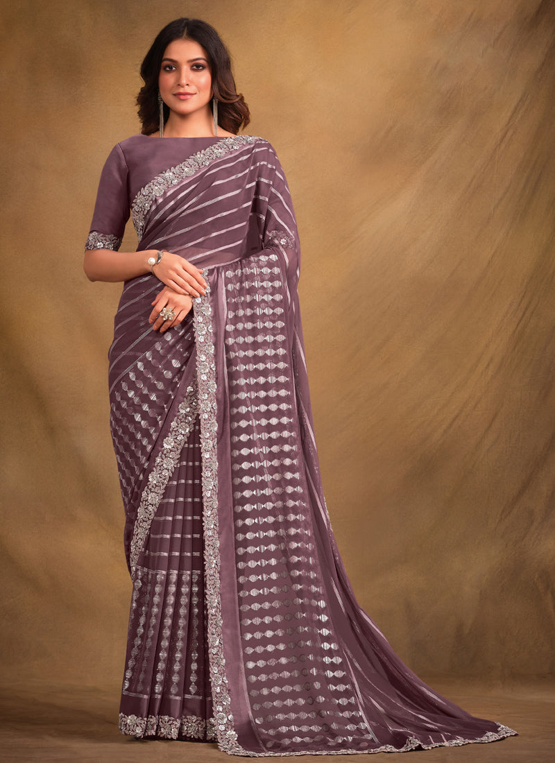 Purple Stripe Pattern Georgette Kasab Designer Saree