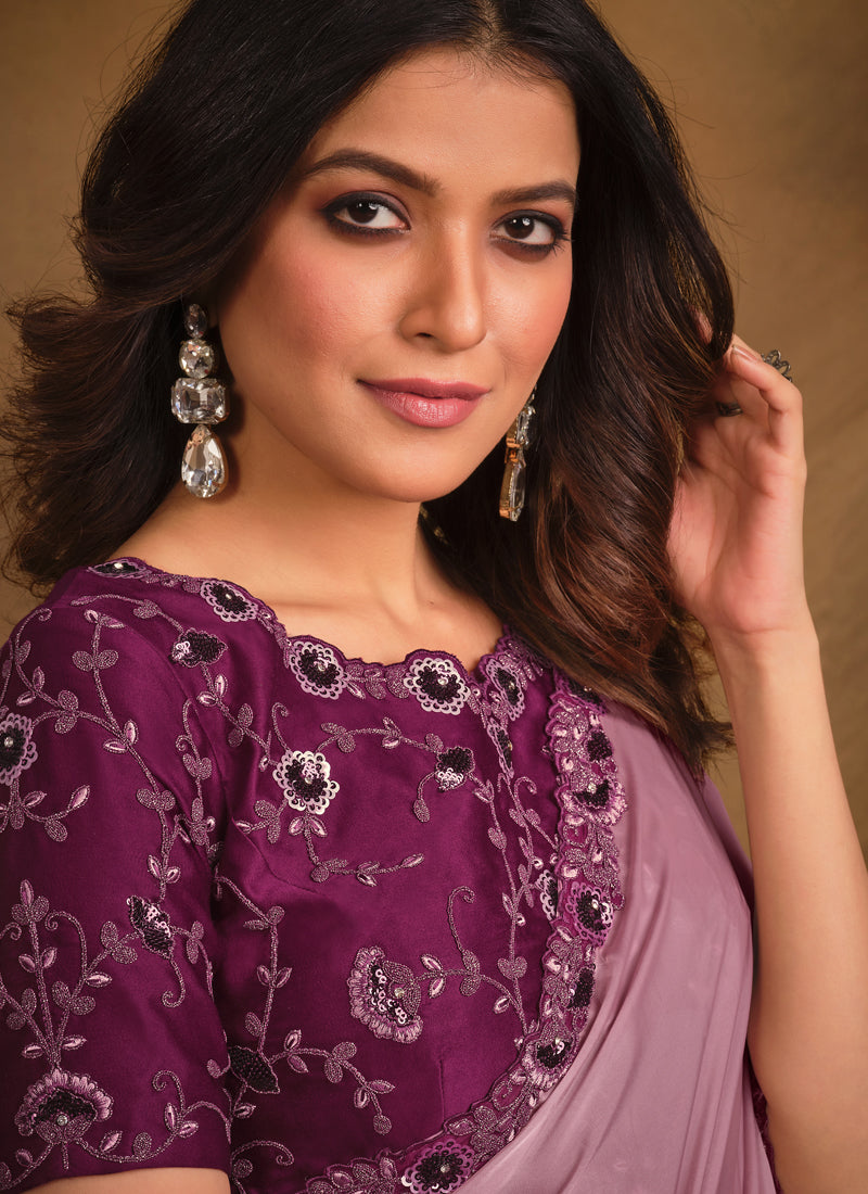 Purple Colour Satin Silk Designer Saree