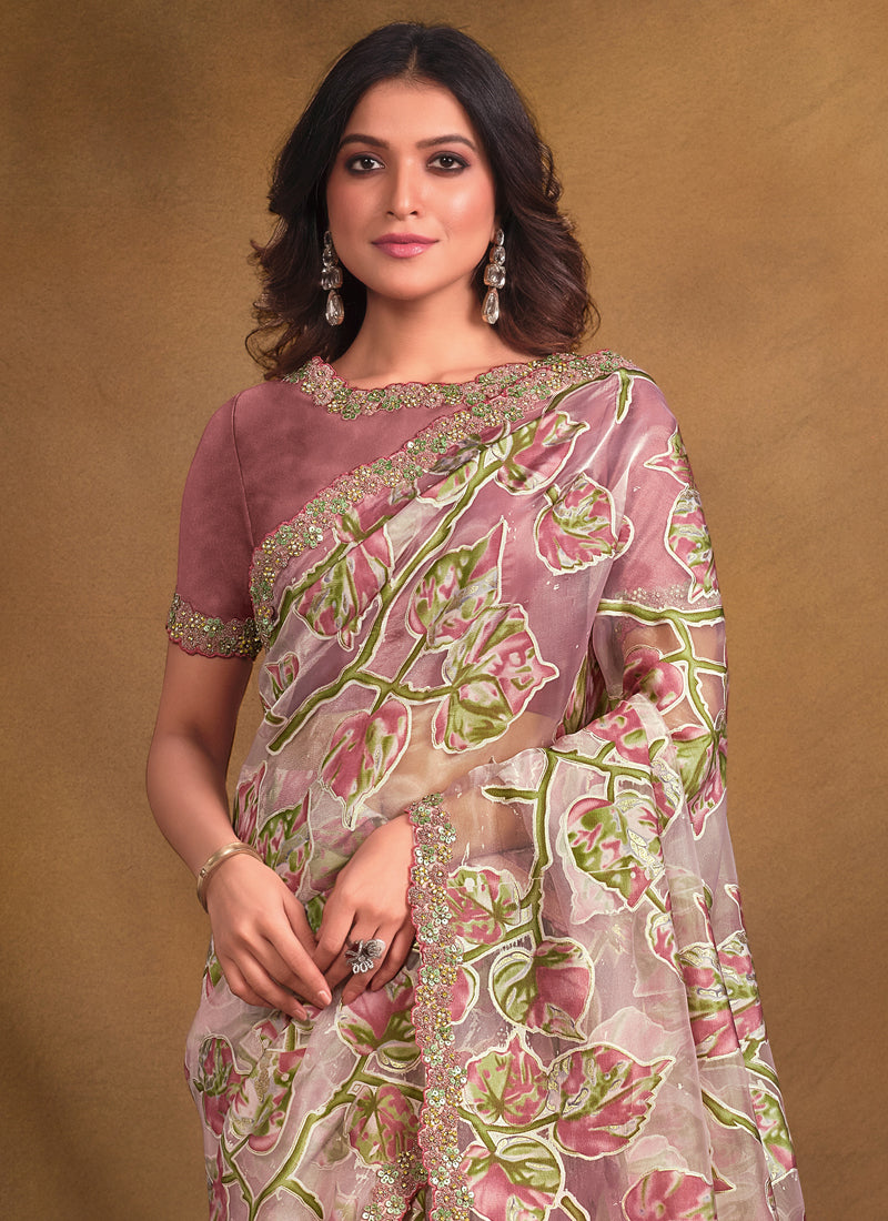 Rose Pink Velvet Texture Net Designer Saree