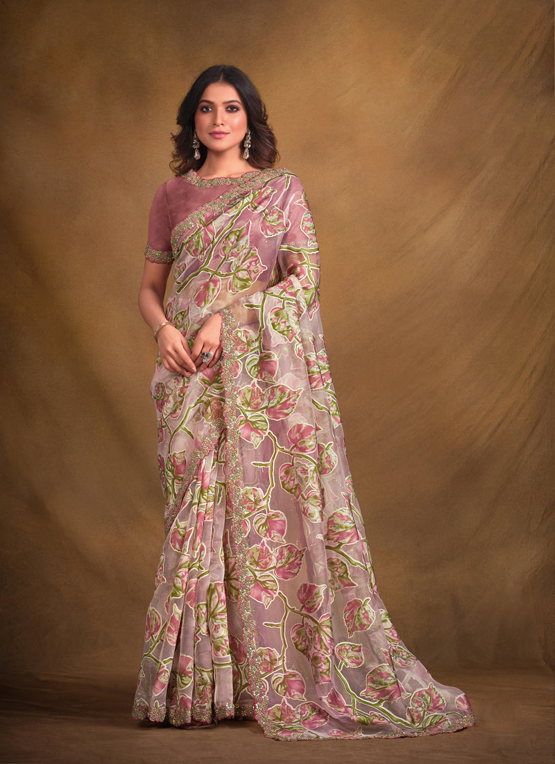 Rose Pink Velvet Texture Net Designer Saree