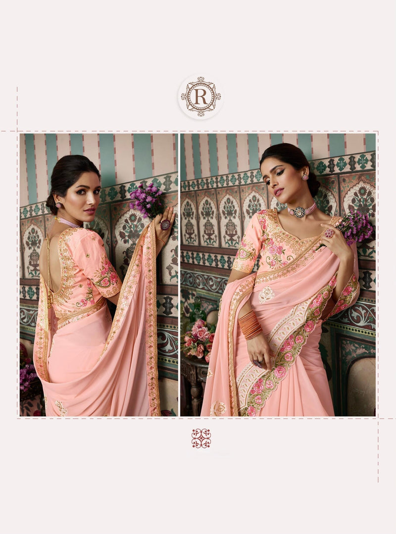 Embroidered Scalloped Saree in Pink