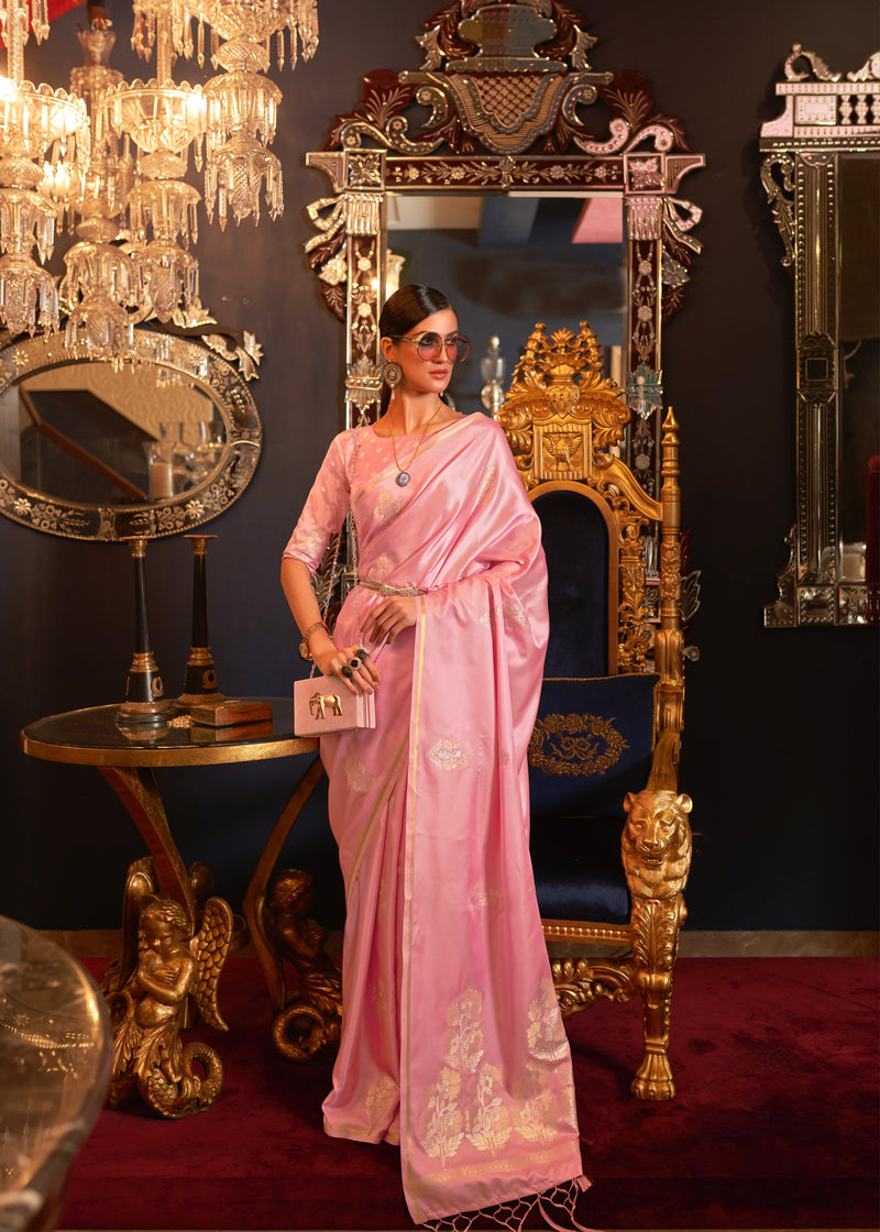 Exquisite Pink Pure Satin Handloom Saree