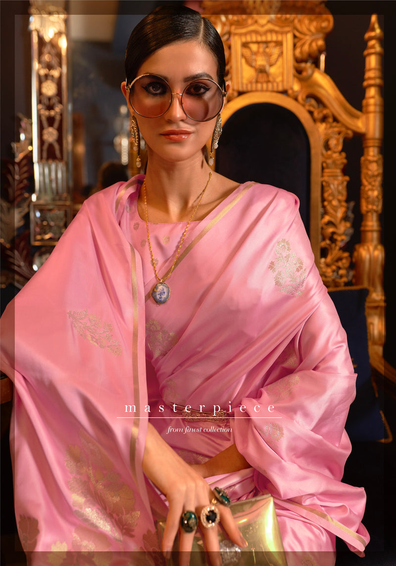 Exquisite Pink Pure Satin Handloom Saree