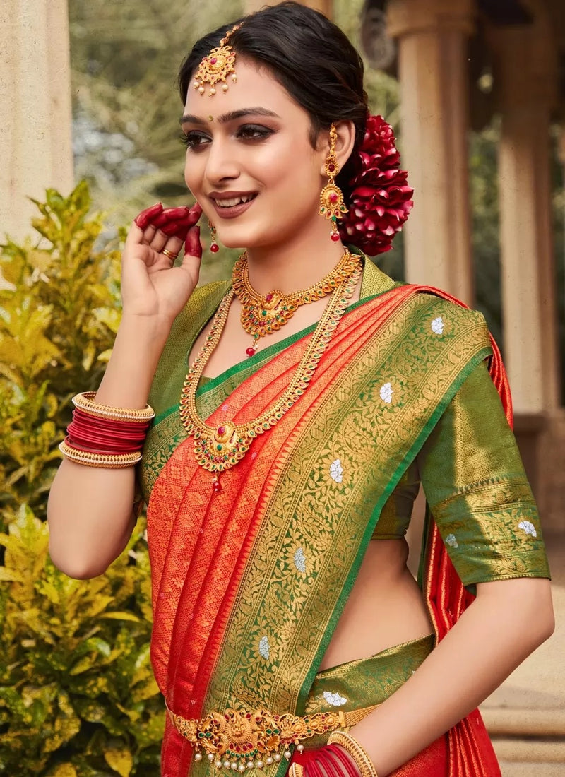 Olive And Red Woven Work Trendy Classic Saree