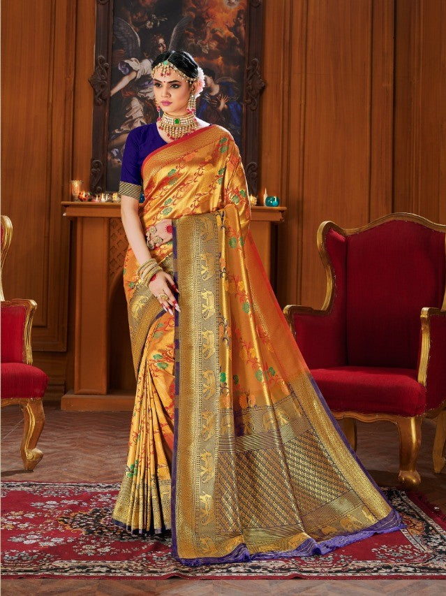 Shiny Golden Orange Colour Silk Saree
