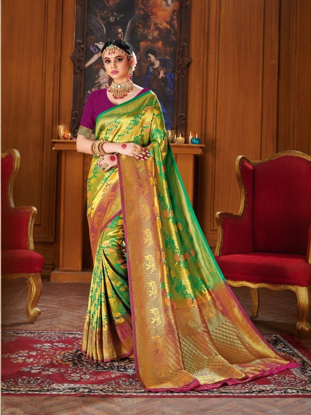 Shiny Golden Green Colour Silk Saree