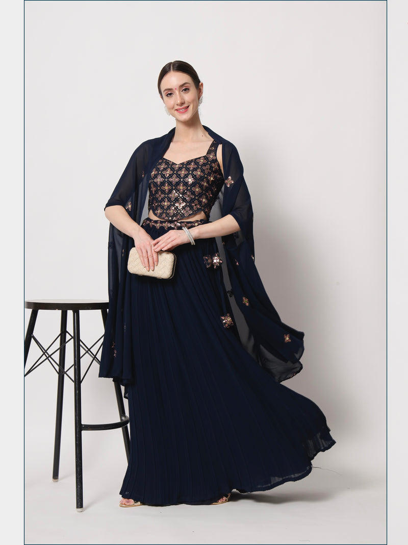 Semi stitched Blue Georgette Lehenga