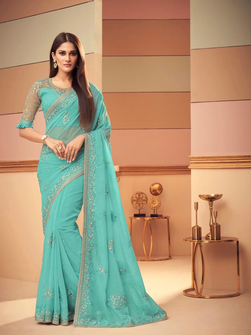 Aqua Colour Silk Designer Saree