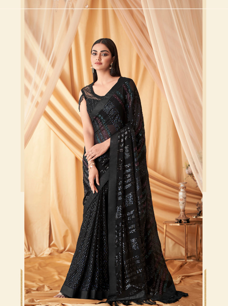 Black Georgette Silk Embroidered Saree