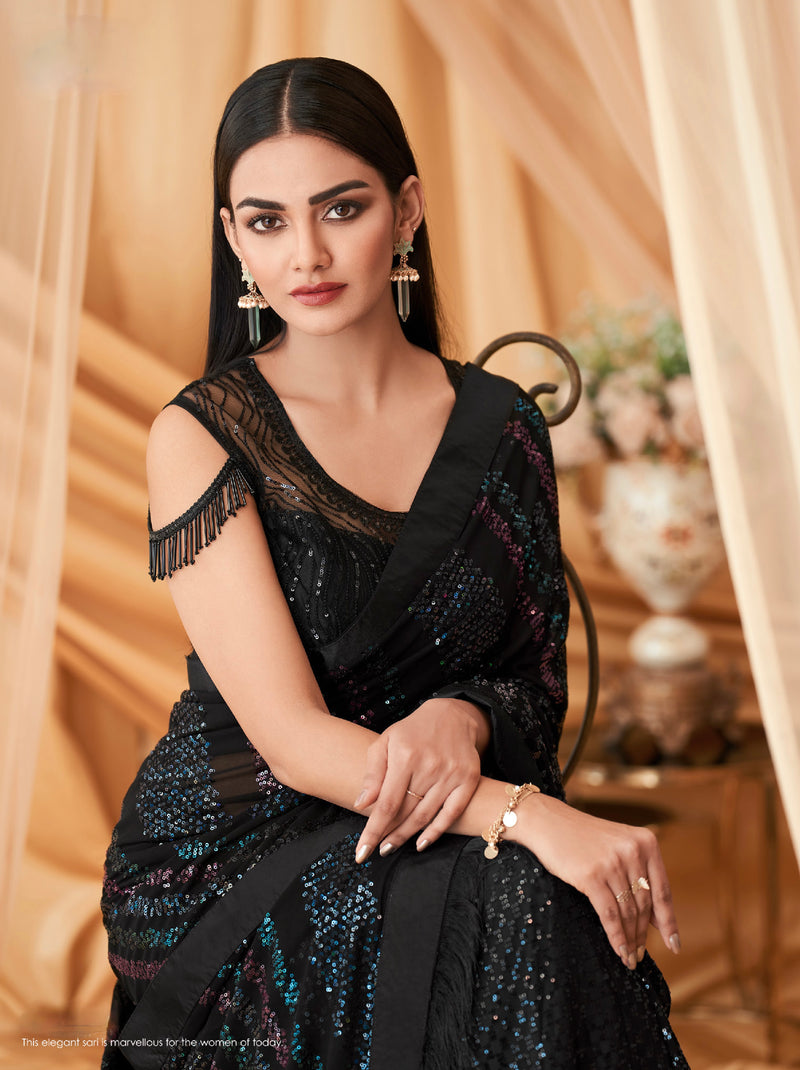 Black Georgette Silk Embroidered Saree