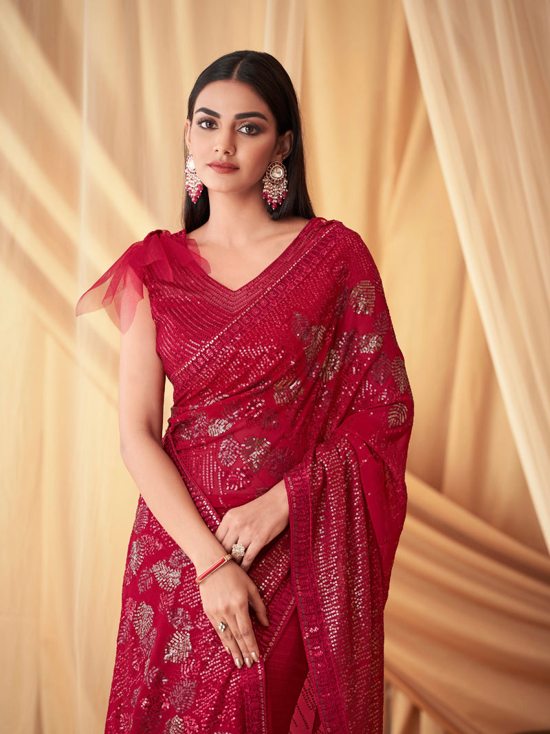 Rani Pink Georgette Embroidered Saree