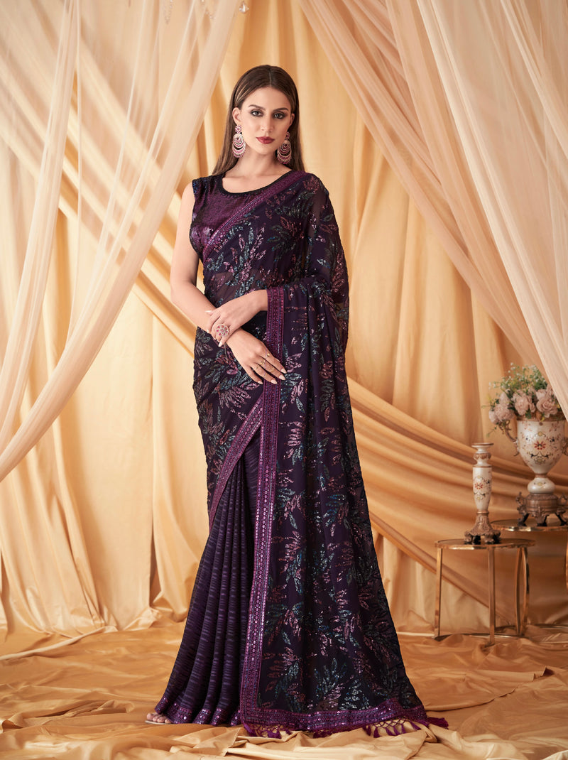 Purple Georgette Silk Embroidered Saree