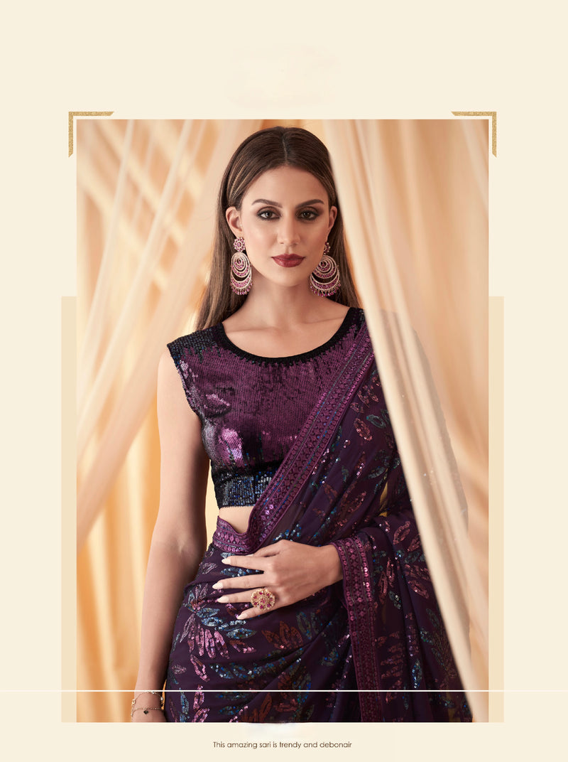 Purple Georgette Silk Embroidered Saree