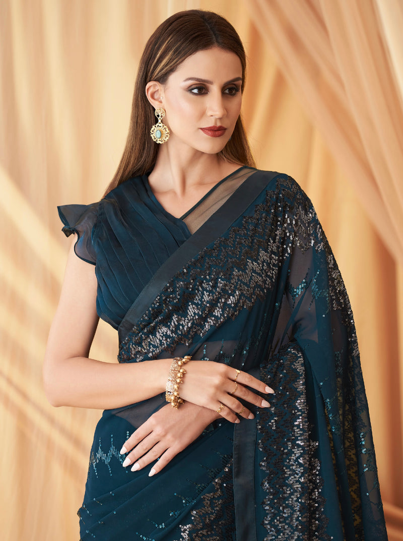 Teal Georgette Silk Embroidered Saree