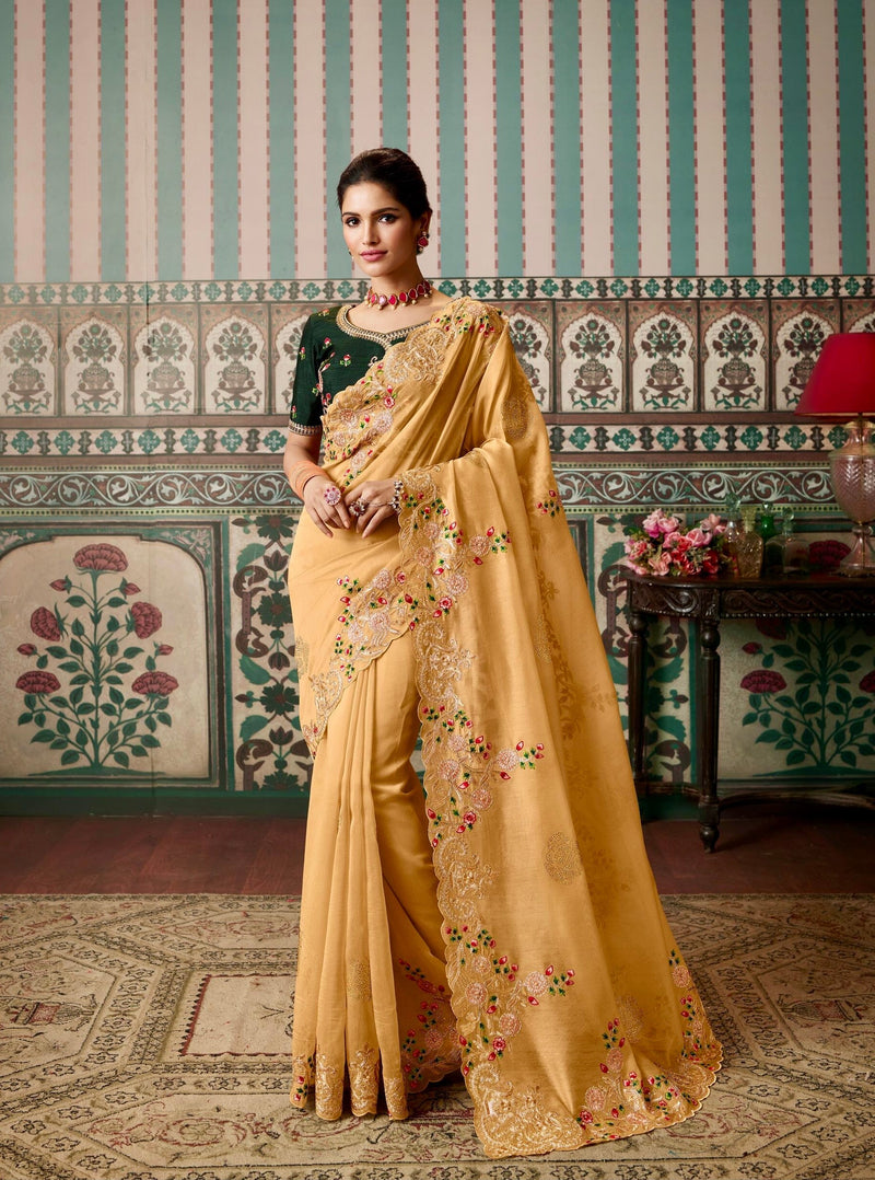 Embroidered Scalloped Saree in Tan