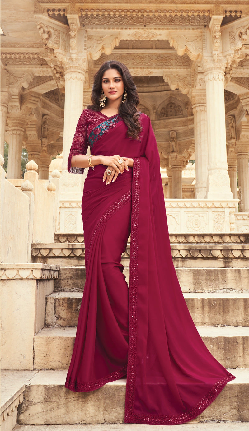 Ruby Red colour Designer Saree