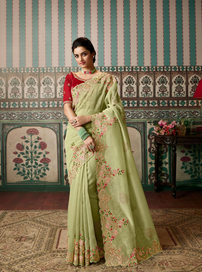 Embroidered Scalloped Saree in Green