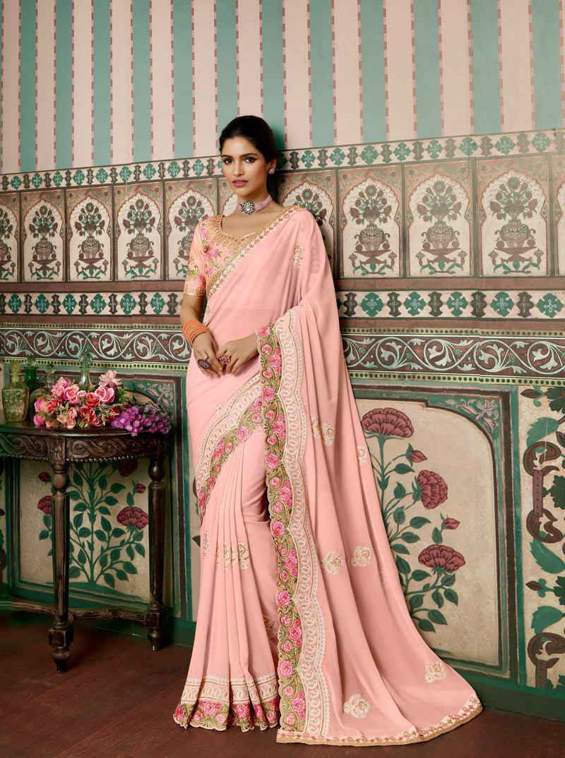 Embroidered Scalloped Saree in Pink