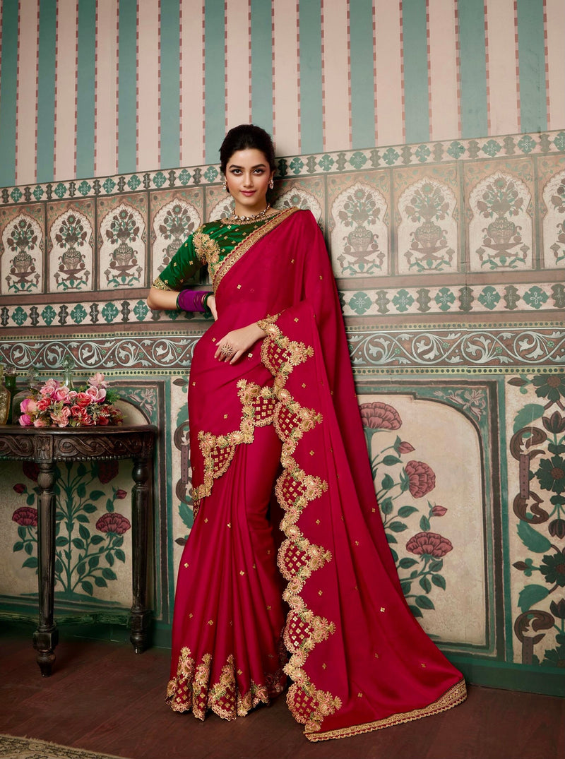 Embroidered Scalloped Saree in Red