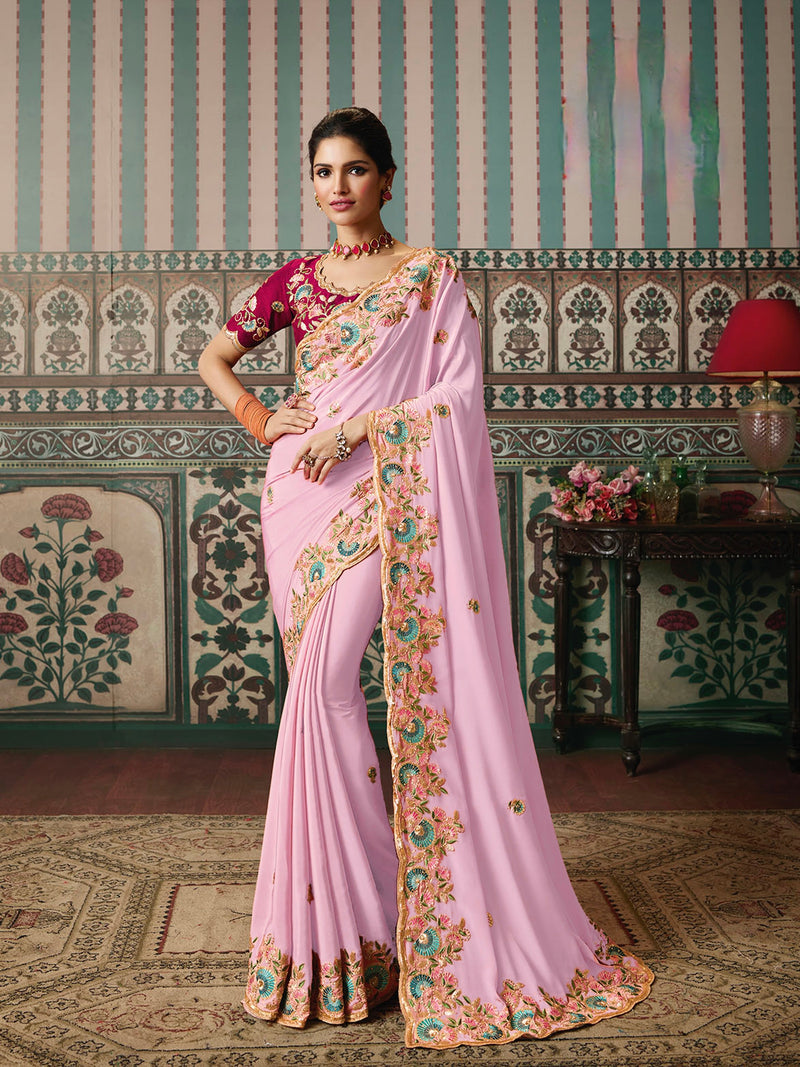 Embroidered Scalloped Saree in Lilic