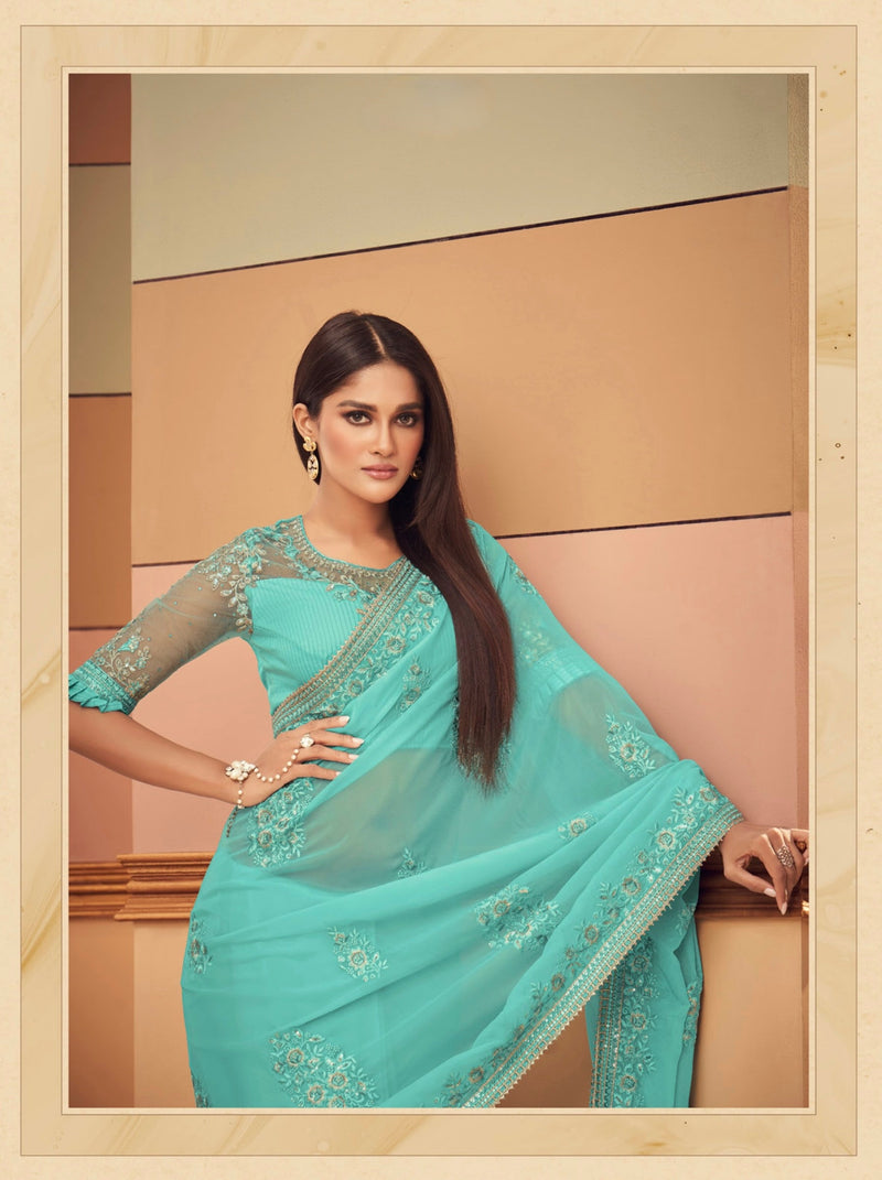 Aqua Colour Silk Designer Saree