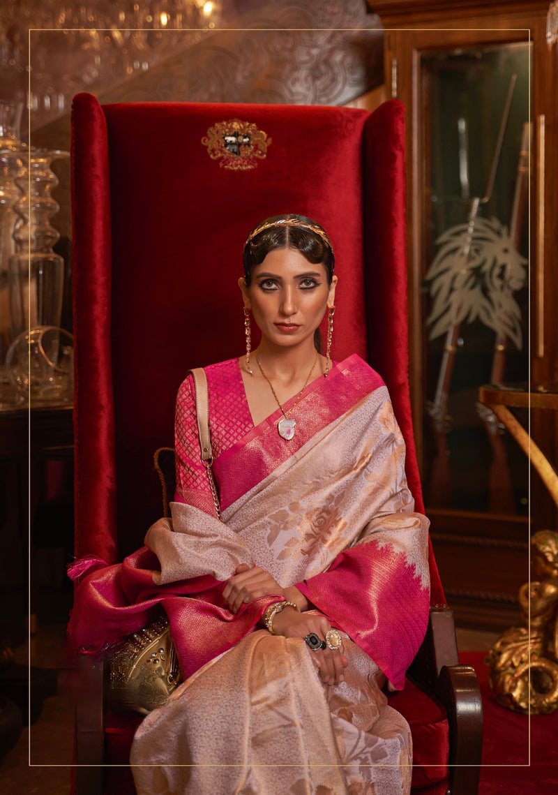 Cream and Pink Handloom Weaving Silk Saree