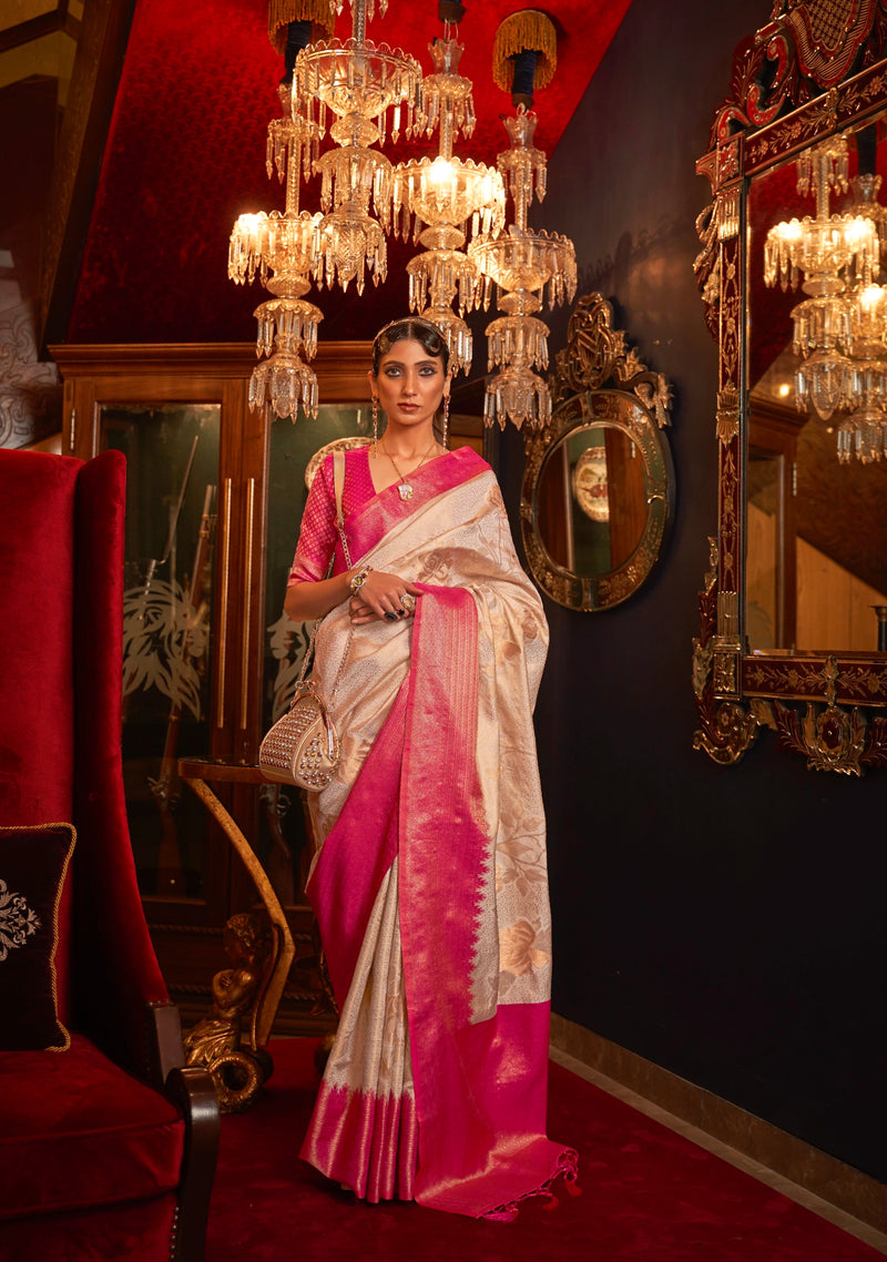 Cream and Pink Handloom Weaving Silk Saree