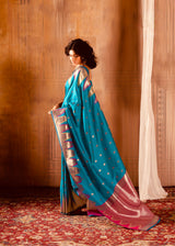 Aqua Blue Zari Work Woven Silk Saree