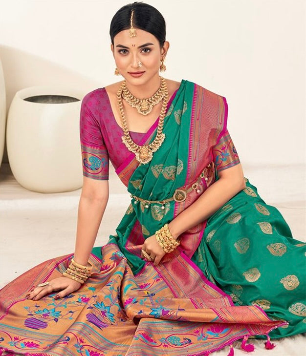 Turquoise & Pink colour Paithani Silk Saree