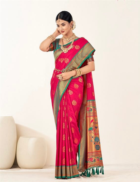 Pink & Turquoise colour Paithani Silk Saree