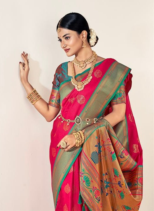 Pink & Turquoise colour Paithani Silk Saree