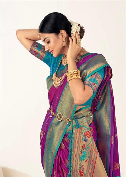 Purple & Turquoise  colour Paithani Silk Saree