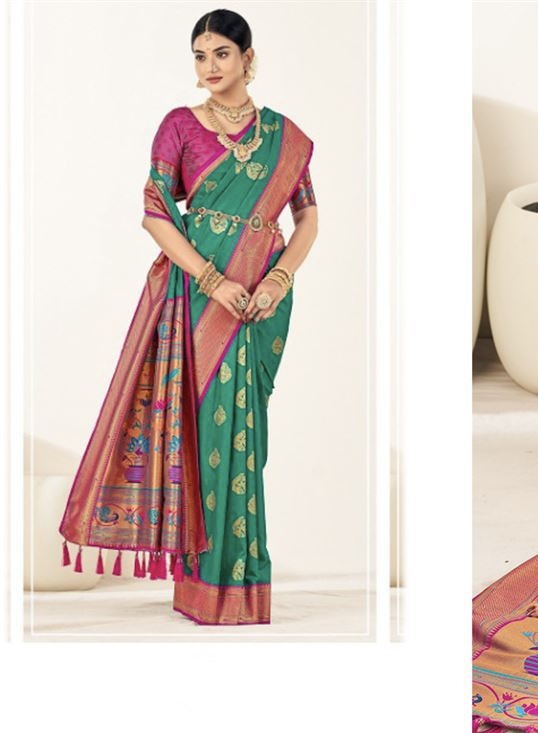 Turquoise & Pink colour Paithani Silk Saree